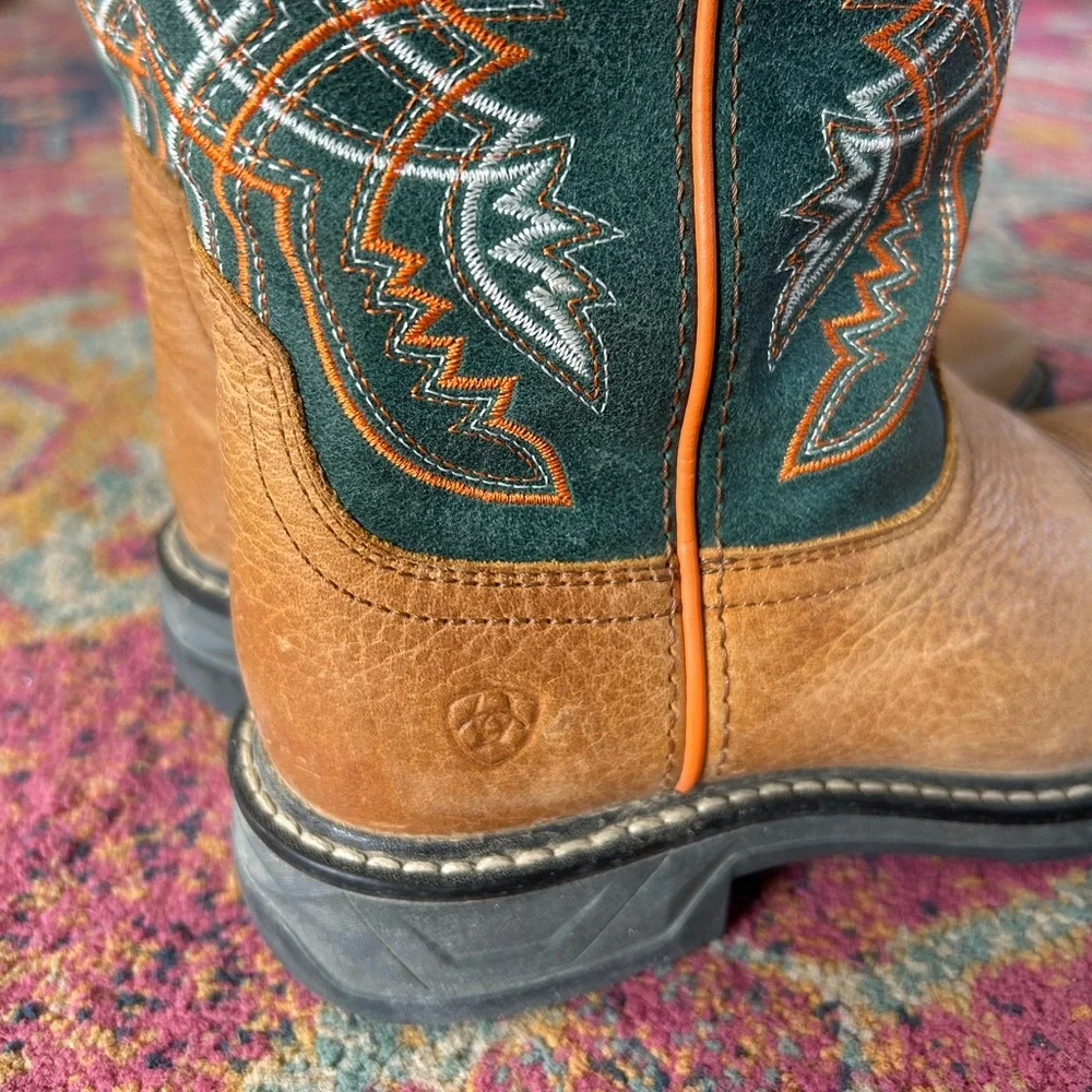 Ariat | Kids Brown Leather Orange/Green Design WorkHog XT Coil Western Boot 3.5